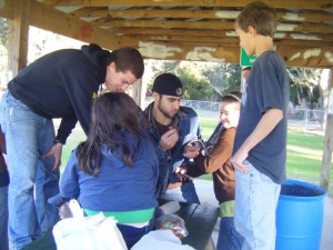 All the guys started fighting over the 'Curdy's food. 